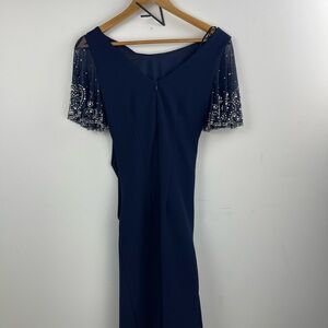 Betsy & Adam Navy Midi Dress with Beaded Sleeves